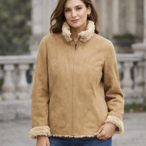 Coldwater Creek Womens Size Medium Tan Faux Suede Faux Fur Jacket Coat - Picture 1 of 13